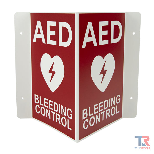 AED And Bleeding Control Transforming Sign With Red Background Front Angle