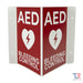 AED And Bleeding Control Transforming Sign With Red Background Front Angle