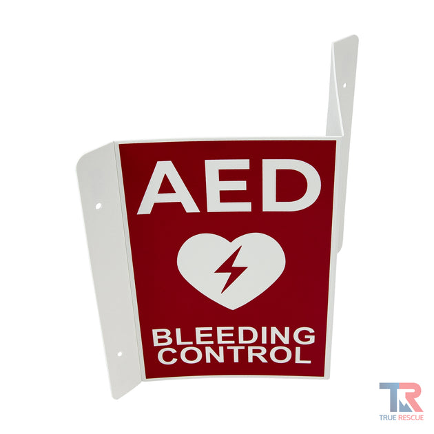AED And Bleeding Control Transforming Sign With Red Background Side Top Angle