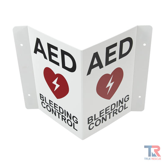 AED And Bleeding Control Transforming Sign Front Top Angle