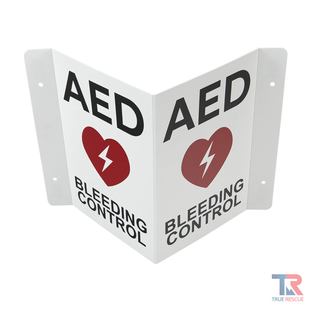 AED And Bleeding Control Transforming Sign Front Top Angle