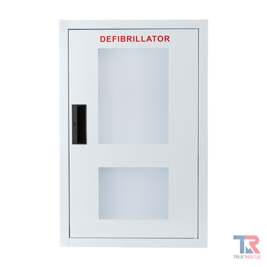 Combination surface mounted metal cabinet for holding AED and bleeding control kits