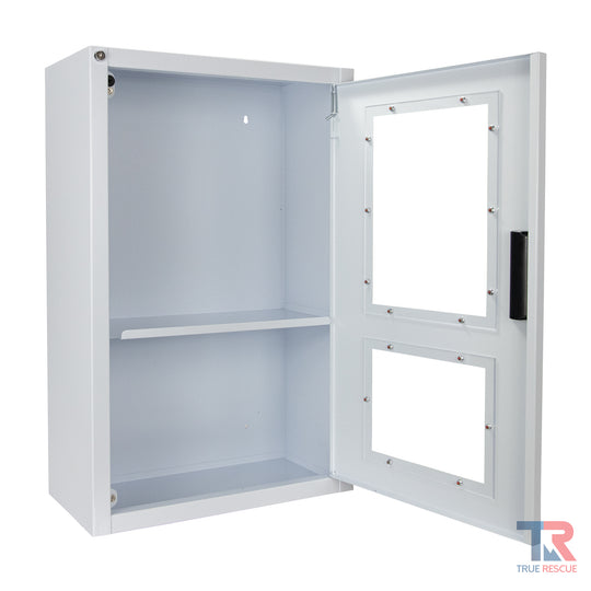 Combination surface mounted metal cabinet for holding AED and bleeding control kits shown open