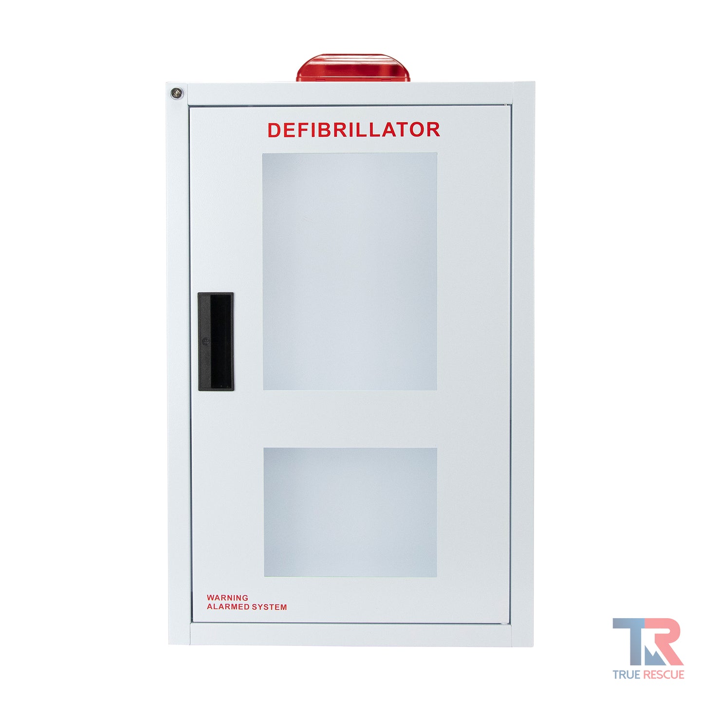 Combination surface mounted metal cabinet with alarm and strobe for holding AED and bleeding control kits