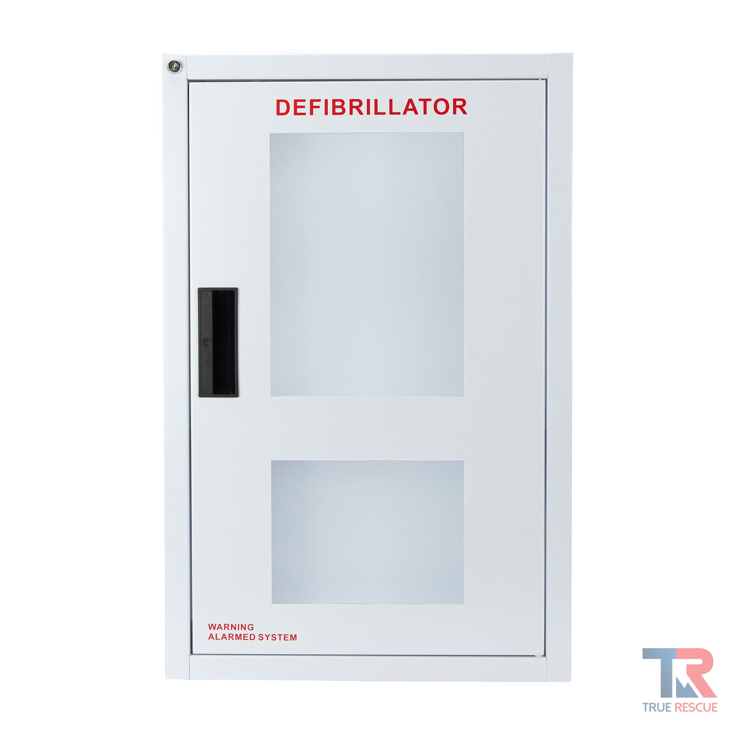 Combination surface mounted metal cabinet with alarm for holding AED and bleeding control kits
