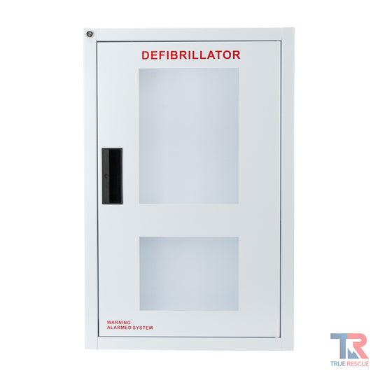 Combination surface mounted metal cabinet with alarm for holding AED and bleeding control kits