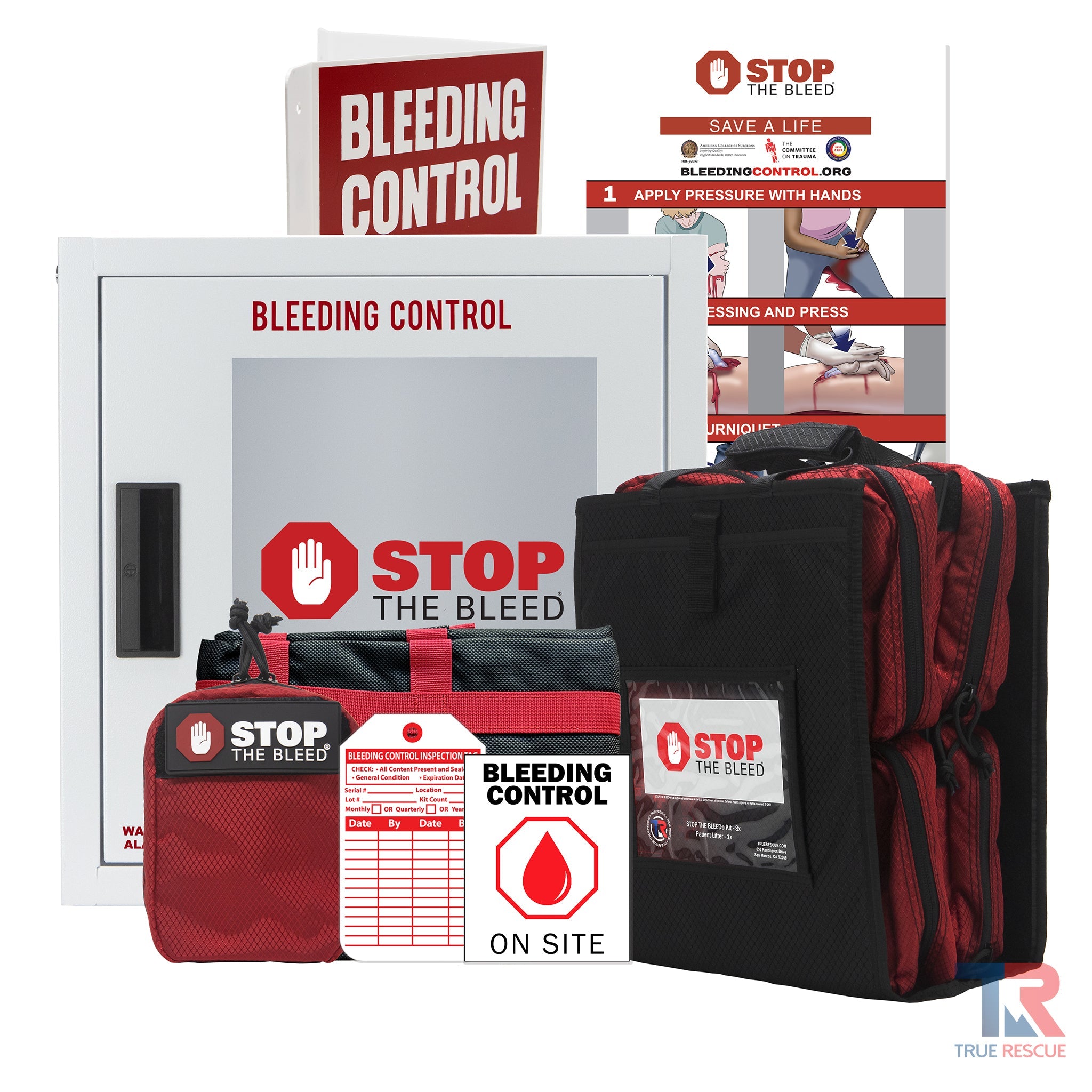 Stop the Bleed kits for school - 8 kits with alarm cabinet and tote and patient transporter