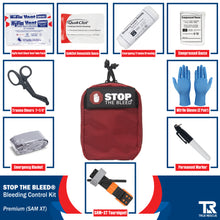 Load image into Gallery viewer, STOP THE BLEED kit premium contents diagram with SAM XT tourniquet
